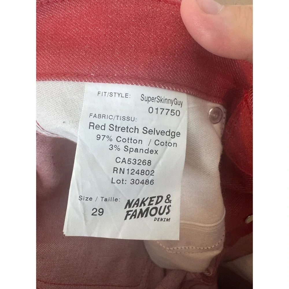 Naked & Famous SuperSkinnyGuy Red Stretch Selvedge Jeans 29X35